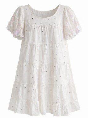 NWT White Tiered Dress Sequin Puff Sleeves Multicolor Polka Dot Cottagecore Medi